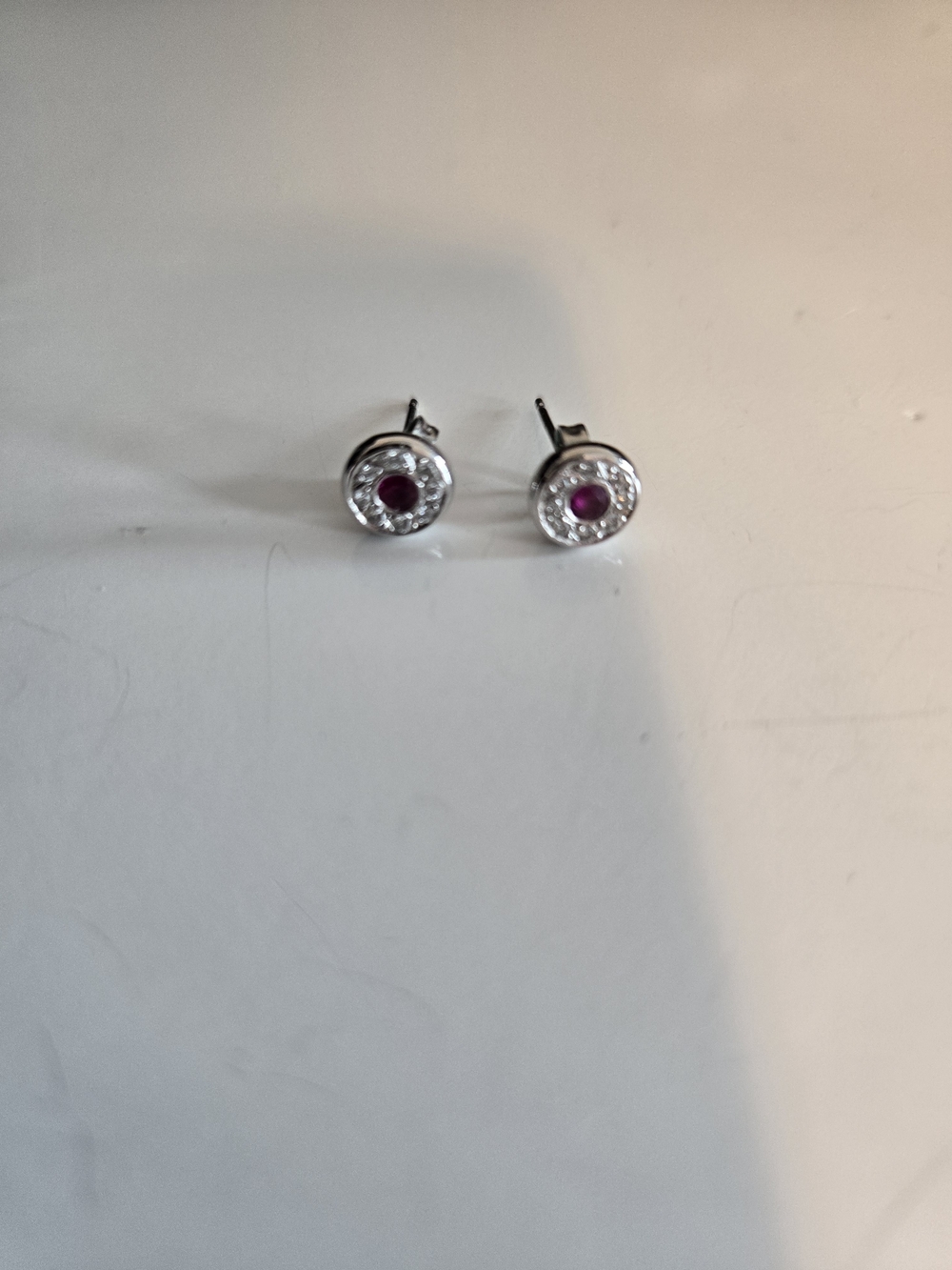 White Gold Ruby Center Halo Stud Earrings - Natural Diamond And Eed Ruby